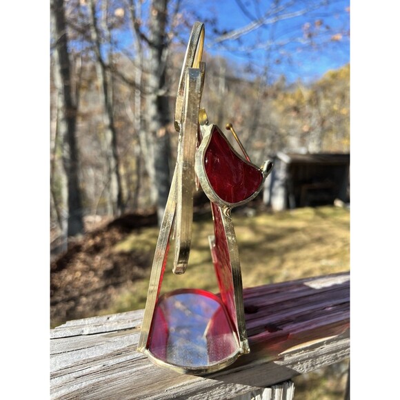 VTG Handmade Red Stained Glass & Metal Standing Angel With Harp Mirror Bottom - Picture 4 of 6